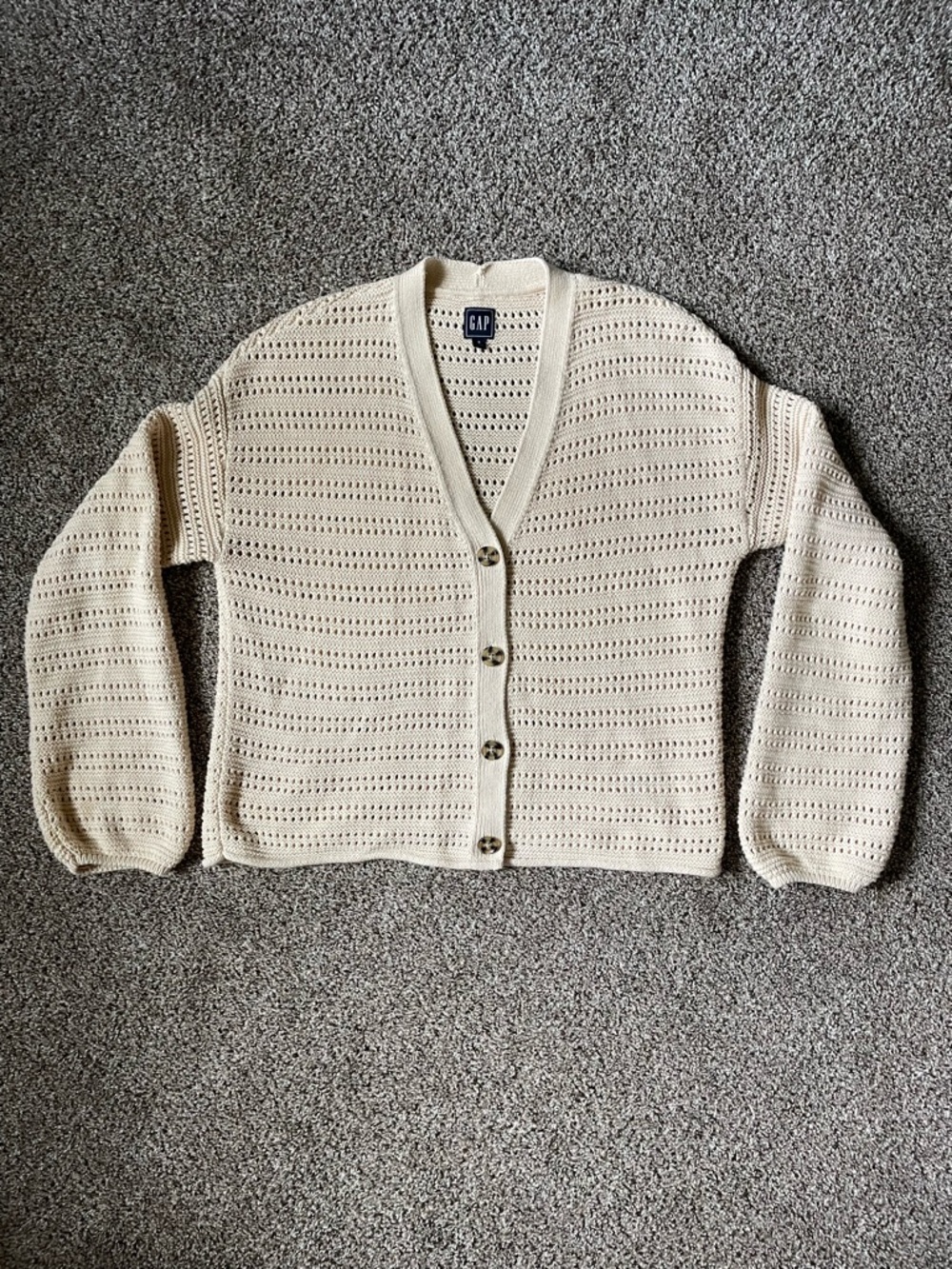 GAP Cream Open-Knit V-Neck Button Cardigan
